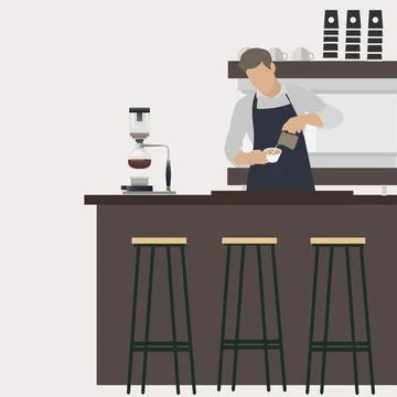 Barista at workplace makes coffee. Vector barista man Illustrazione stock
