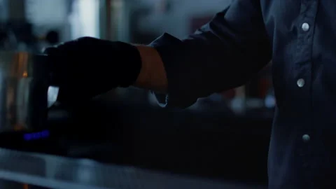 Barman arms preparing coffee closeup. Unrecognizable barista doing cappuccino Video stock 201894970