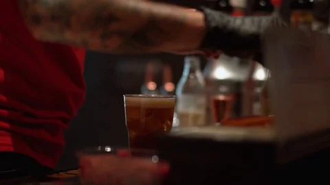 Barman Preparing Alcoholic Beverage Shake Cocktail Gin Tonic Wooden Counter Stockbeeldmateriaal 127626512