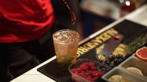 Barman Preparing Alcoholic Beverage Shake Cocktail Gin Tonic Wooden Counter Stock Footage 127626518