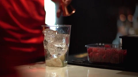 Barman Preparing Alcoholic Beverage Shake Cocktail Gin Tonic Wooden Counter Vidéo 127626531