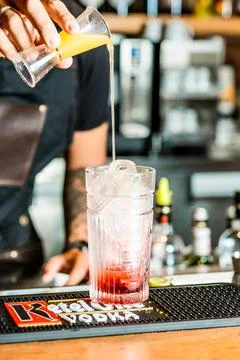 Barman Preparing Beautiful Cocktail Drink Ice Red Strawberry Green Apple Garnish Stock Photos