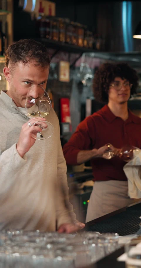 Barman, wine tasting and presentation with smell at restaurant for vintage, Stock Footage 329382494