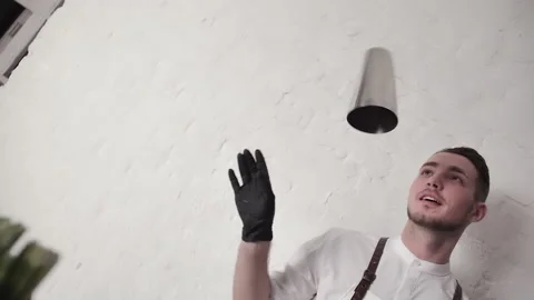 Barmen Juggling Performance with Shaker Abstract Holiday Show Concept Slow Stock Footage 130783695