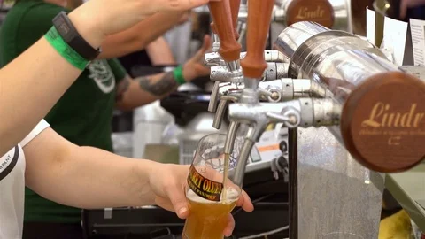 Barmen pour beer from beer taps Stock Footage 80194053