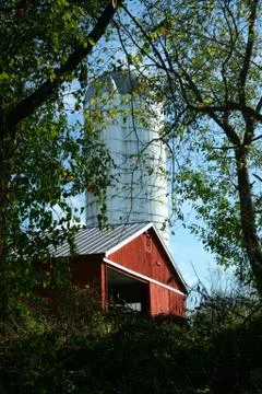 Barn and silo through trees Stock Photos