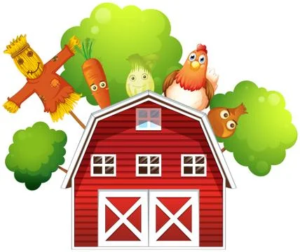A barn with a chicken and fruits at the back Stock Illustration