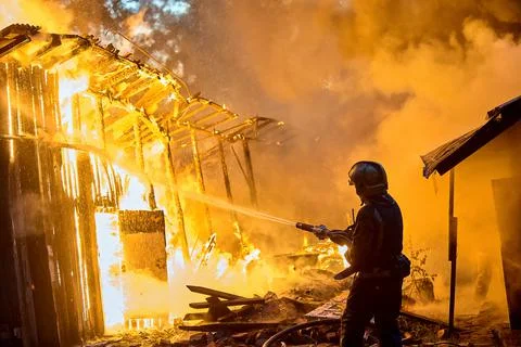 Barn fire, fire fighting, disaster Stock Illustration