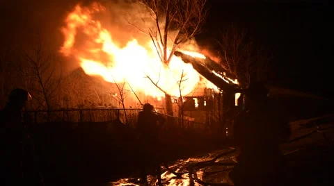 Barn Fire Heavy Flames With Firefighters Stock Footage 61803232