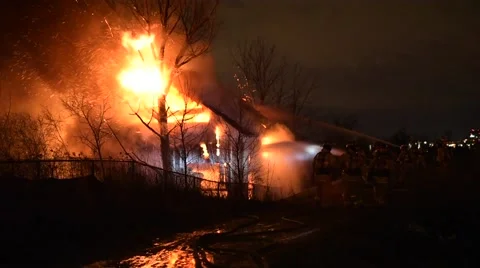 Barn Fire Wide Heavy Flames With Firefighters 스톡 동영상 61803179