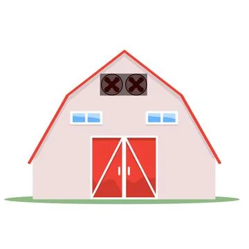 Barn house on a white background with red roof and doors. Solid and flat color イラスト素材