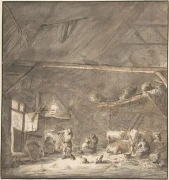 Barn Interior with Peasants and CowsVerso: Six Studies of Peasants 17th cen.. Stock Illustration