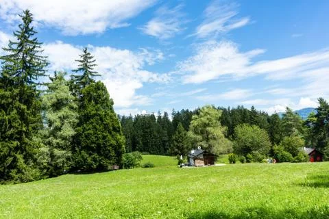 Barn in the mountains wit panoramic view Stock Photos