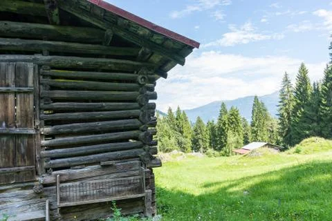 Barn in the mountains wit panoramic view Stock Photos