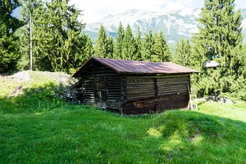 Barn in the mountains wit panoramic view Stock Photos