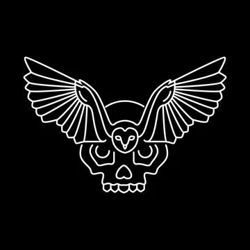Barn owl fly wings hunter freedom with skull cranium line style logo design.. Stock Illustration