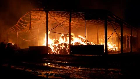 Barn Straw Fire At Night Stock Photos
