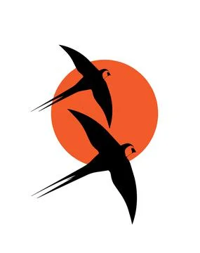 Barn swallow silhouette on sunset, vector. Two birds silhouettes isolated Stock Illustration