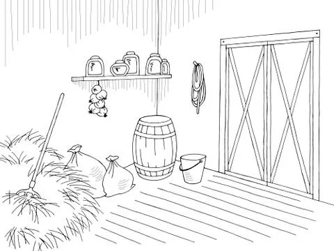 Barn warehouse graphic interior black white sketch illustration vector Stock Illustration