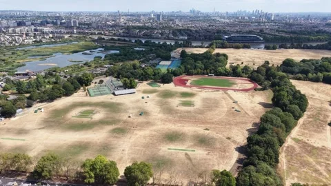 Barnes Oval Brook Cricket Ground During 2026 Drought,aerial London in background Stock Footage 345153646