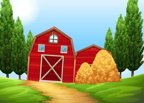 Barns and haystack in the farmland Illustrazione stock