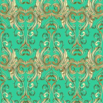 Barogue vintage 3d seamless pattern. Vector floral green background. Surface 스톡 일러스트