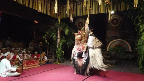 Barong Sacred Dance Performance with Gamelan Orchestra at Balinese Hindu Temple Stock Footage 341860144
