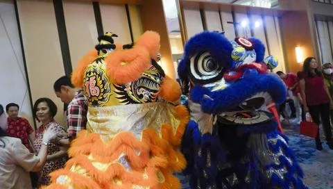 Barongsai dance performance Stock Photos