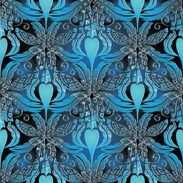 Baroque 3d seamless pattern. Vector blue background. Wallpaper. Abstract flow 스톡 일러스트
