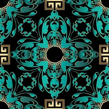 Baroque 3d vector seamless pattern. Greek key meanders round mandala. Ornamental Illustrazione stock