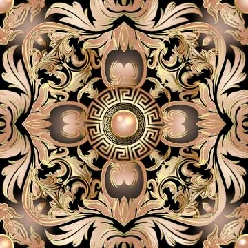 Baroque 3d vector seamless pattern. Greek style floral jewelry background 스톡 일러스트