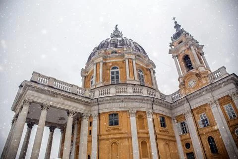 The baroque Basilica of Superga( here under a snowing)at the top of the hill Stock Photos