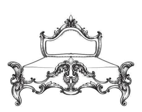 Baroque bed Vector line art. Ornamened decor designs. Luxury imperial royal s Ilustración de archivo