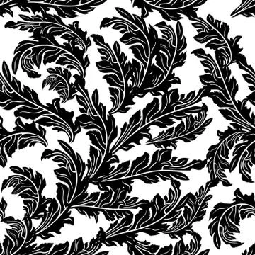 Baroque black white vector seamless pattern. Floral leafy background. Antique 스톡 일러스트
