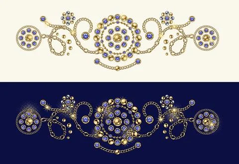 Baroque border with ornament made made of gold, silver jewelry chains, blue.. Illustrazione stock