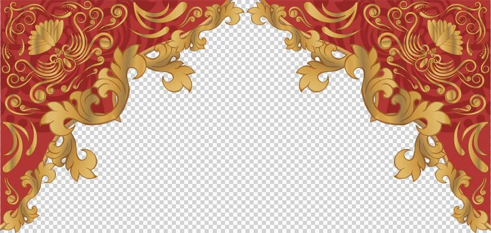 Baroque border is showcasing flat vector with gold foliage and red panels on Stockillustratie