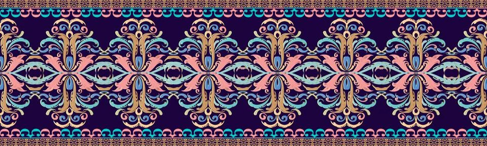 Baroque border. Vector damask seamless pattern. Colorful floral background wa Stock Illustration