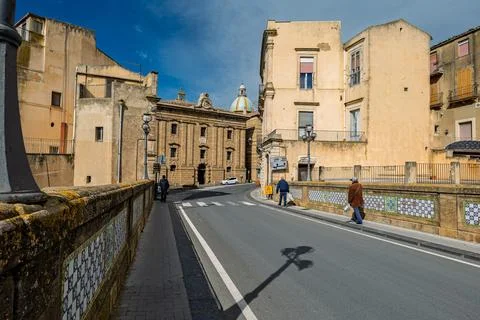 Baroque bridge with decorative ceramic tiles in historic Caltagirone old to.. Stock Photos