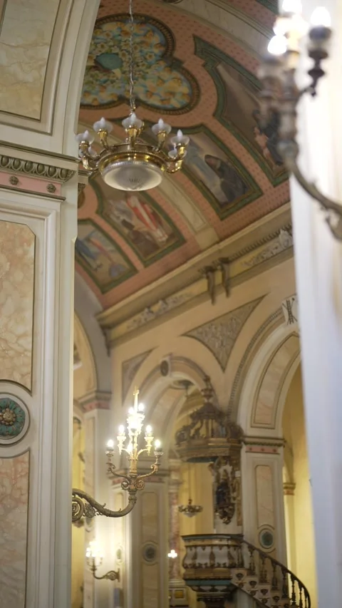 Baroque Ceiling and Chandeliers in Classic Church Interior Stock Footage 312750151