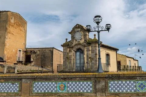 Baroque chapel facade with decorative ceramic tiles in Caltagirone historic.. Stock Photos