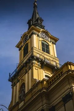 Baroque clock tower Old Pest Town Hall (Városháza), Budapest — low angle view Stock Photos