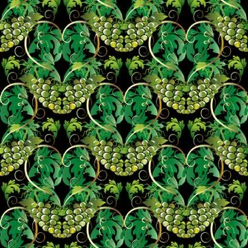 Baroque cluster of grapes vector seamless pattern. Foliage ornamental backgro 스톡 일러스트