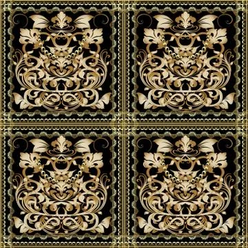 Baroque damask floral seamless pattern. Square check panel with vintage gold  스톡 일러스트