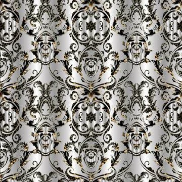 Baroque damask vector seamless pattern. Floral silver background wallpaper Stock Illustration