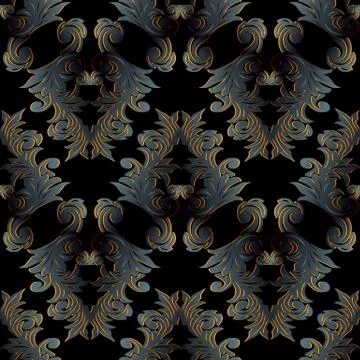Baroque dark black seamless pattern. Floral  vector background w 스톡 일러스트