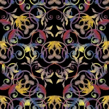 Baroque embroidery seamless pattern. Tapestry colorful flowers, イラスト素材