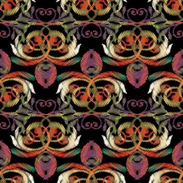 Baroque embroidery seamless pattern. Tapestry colorful flowers, イラスト素材