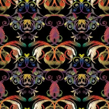 Baroque embroidery seamless pattern. Tapestry colorful flowers, Stock Illustration