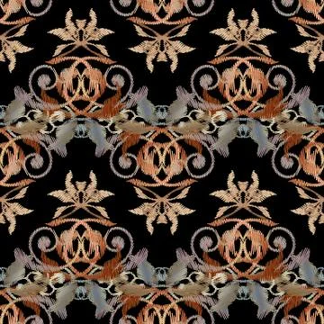Baroque embroidery seamless pattern. Tapestry colorful flowers, イラスト素材