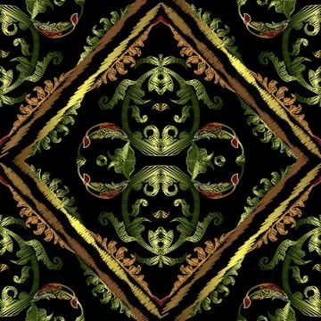 Baroque embroidery vector seamless pattern. Geometric abstract striped tapest Stock Illustration